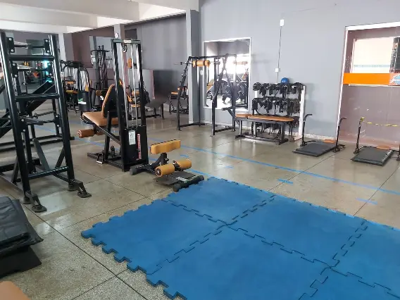 Área de treino com tatames azuis e equipamentos